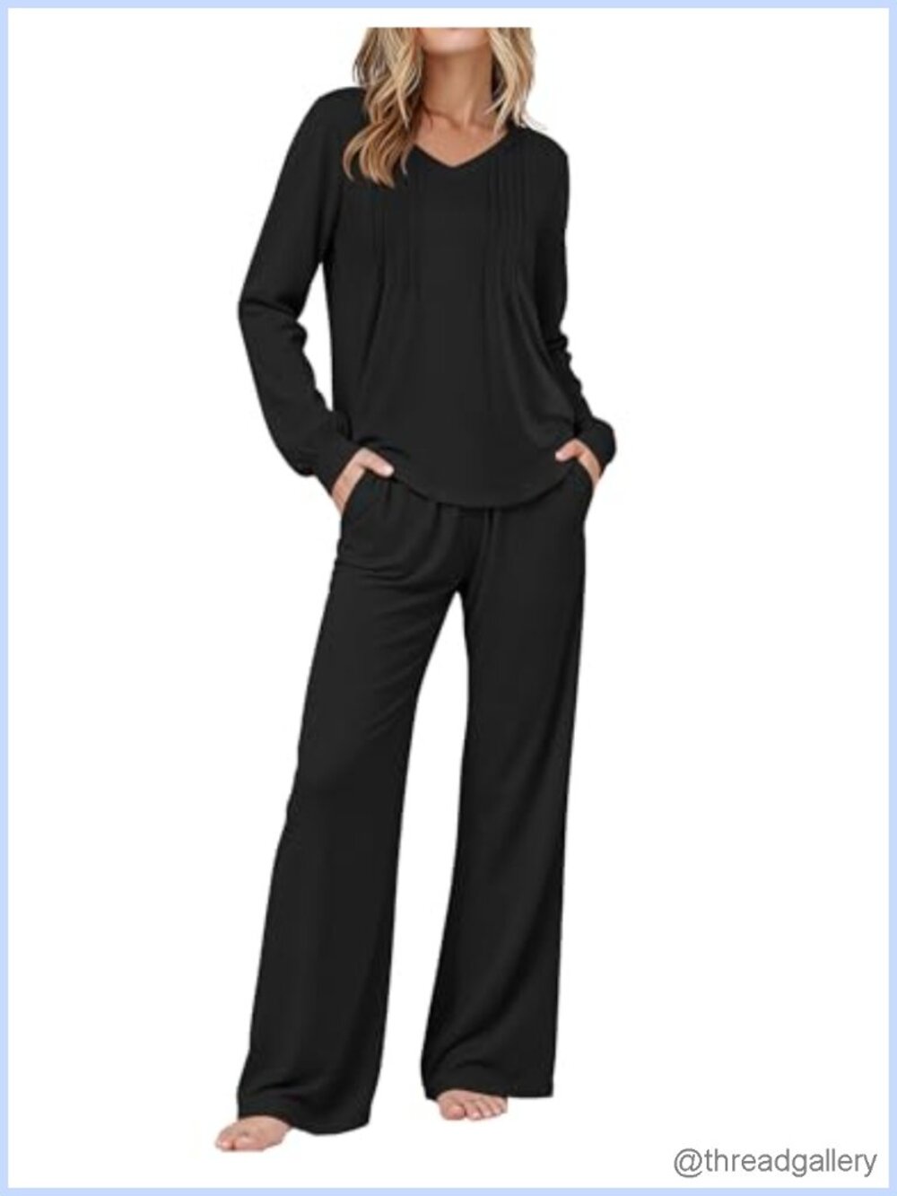 Women's Pajama Set Long Sleeve V-Neck Top Wide Leg Lounge Pants Sleepwear